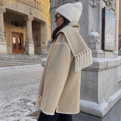 Thickened Woolen Coat with Scarf Tassel - Cozy Styles for Fall