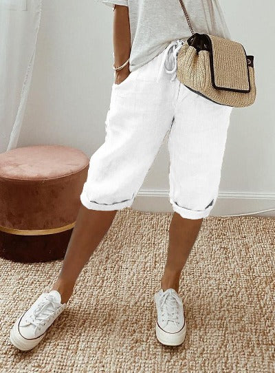 white Cotton And Linen Pocket  Casual Bermuda Shorts