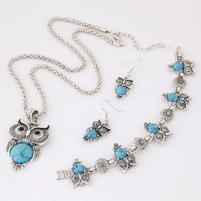 Silver Owl Turquoise Jewelry Set