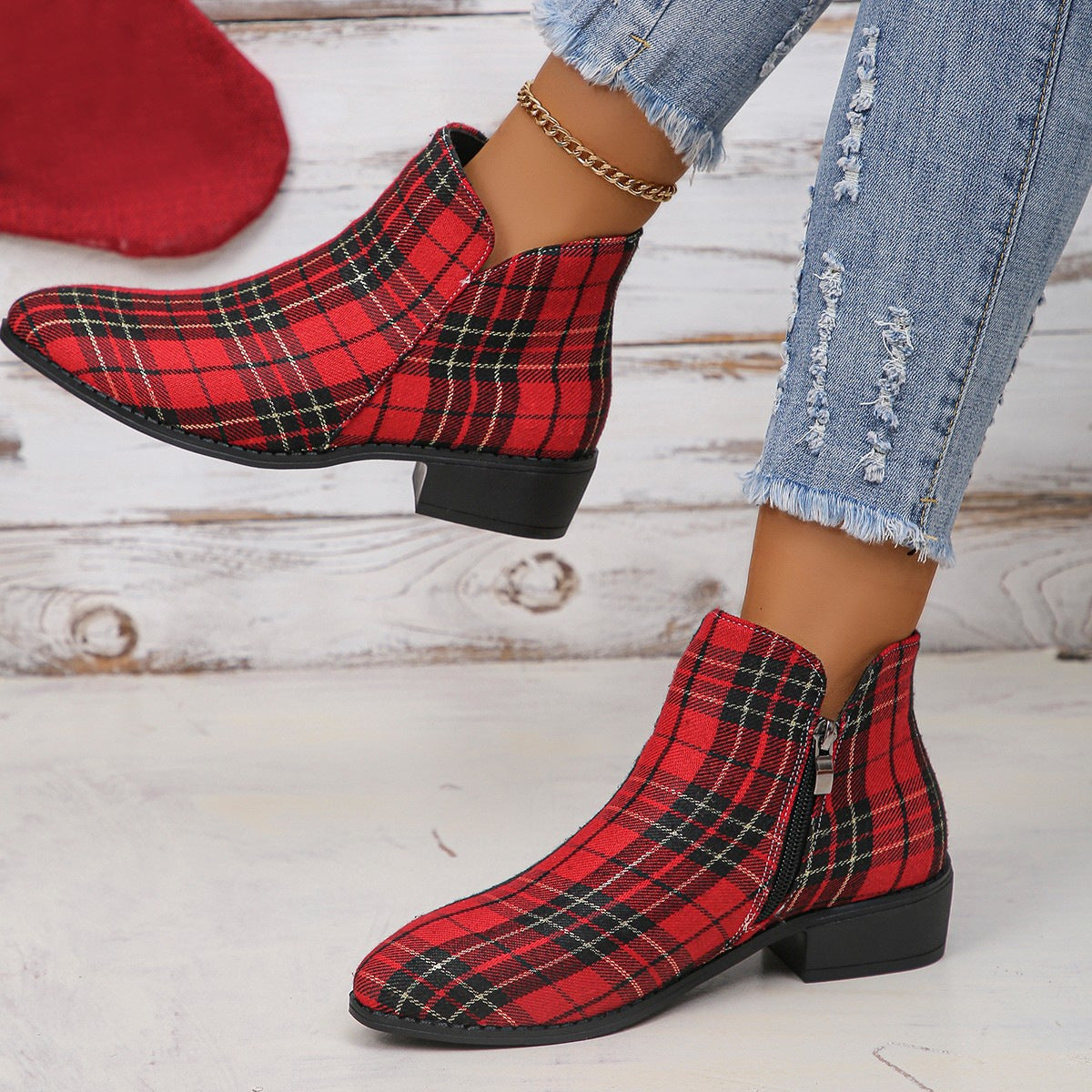 Houndstooth Pointed Casual  Woolen Ankle Boots