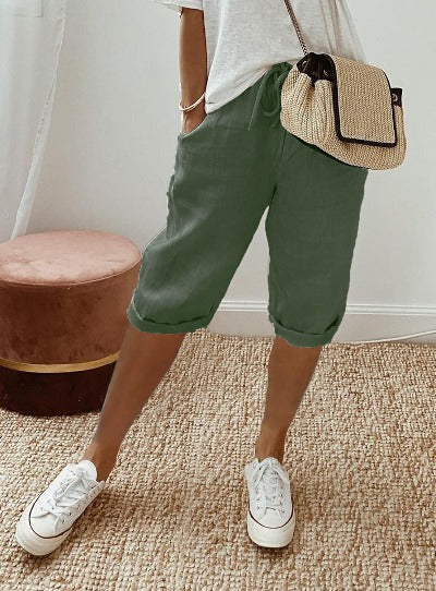 green Cotton And Linen Pocket  Casual Bermuda Shorts