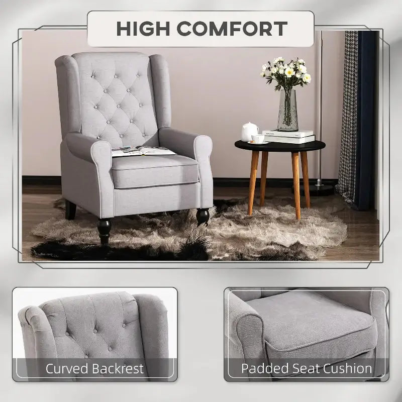Gray upholstered armchair.