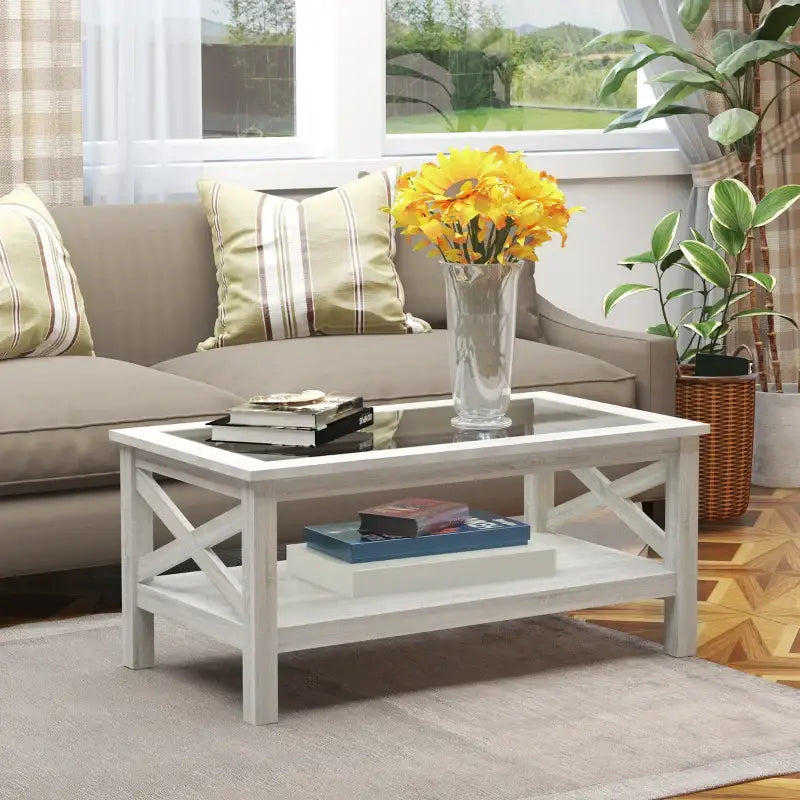White farmhouse coffee table with glass top for a stylish living room centerpiece