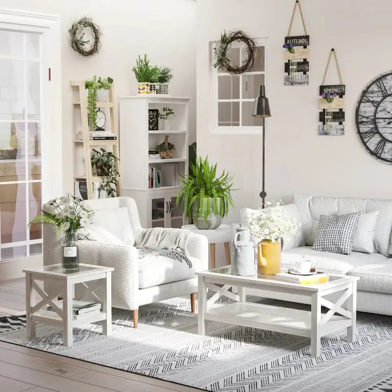 Bright cozy living room featuring a stylish farmhouse coffee table for warm home decor