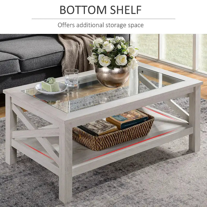 Farmhouse Coffee Table with Glass Top and Bottom Shelf for Stylish Living Rooms