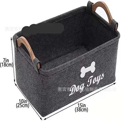 Gray Felt Storage Baskets with Wooden Handles for Dog Toy Storage