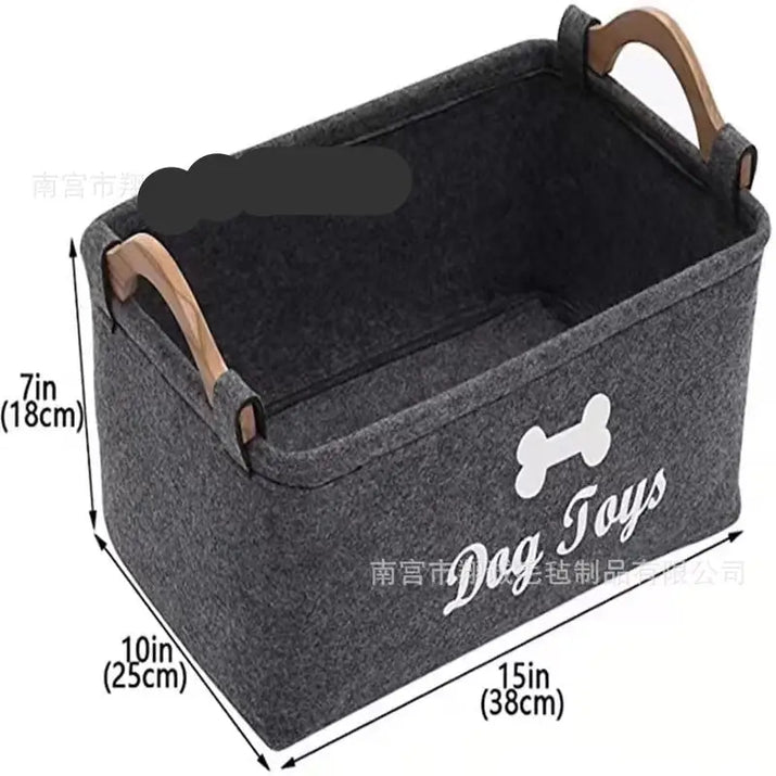 Gray Felt Storage Baskets with Wooden Handles for Dog Toy Storage