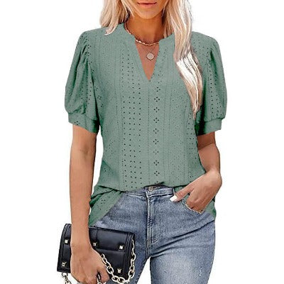 green V-neck Solid Color Hollow Bubble Sleeve Loose T-shirt