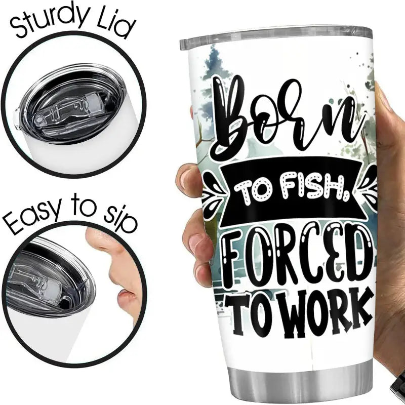Insulated tumbler with fishing-themed design.
