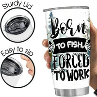Insulated tumbler with fishing-themed design.