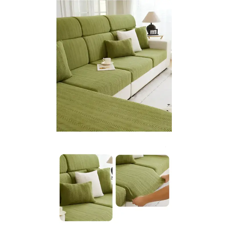 Green textured sofa cover.