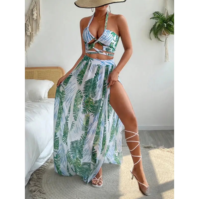 Tropical print two-piece halter dress.