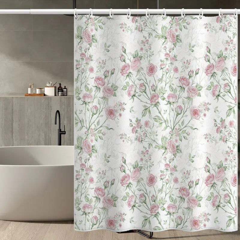Floral patterned shower curtain.