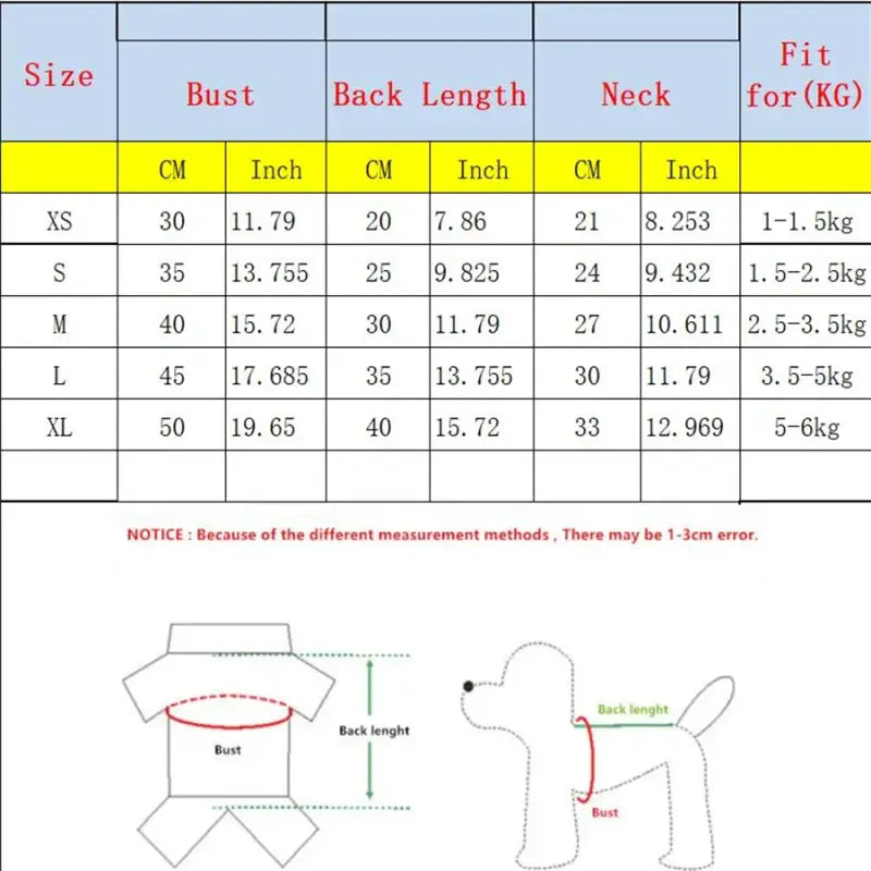 Pet clothing size chart.