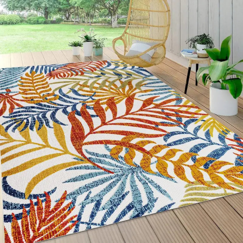 Colorful tropical leaf patterned rug.