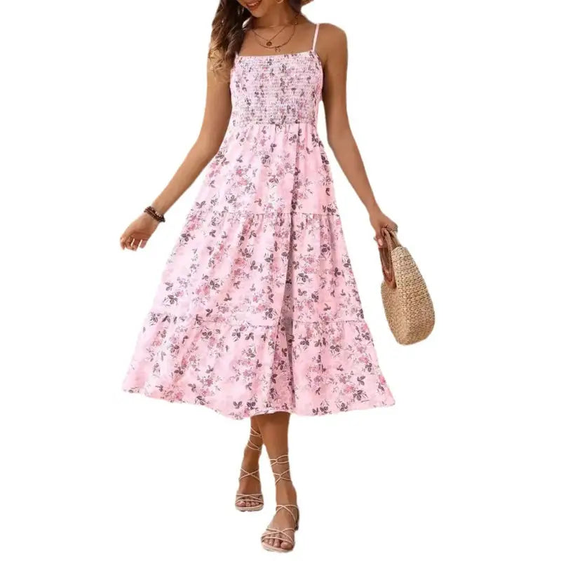 Pink floral tiered sundress.