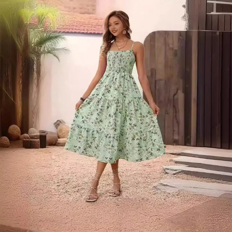 Floral print tiered sundress.