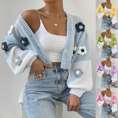 Cropped floral knit cardigan.