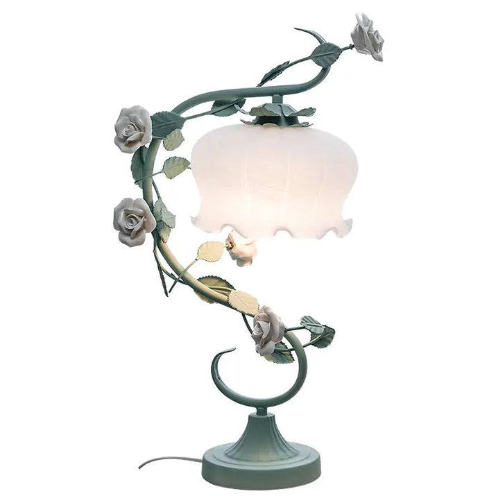 Floral-themed table lamp.
