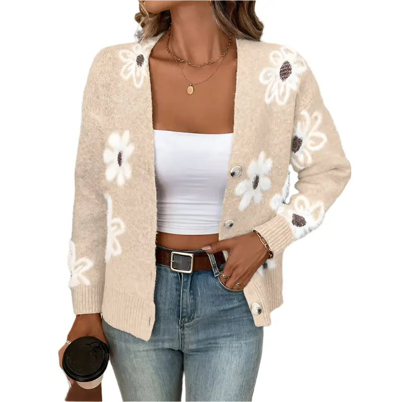 Beige floral knit cardigan.