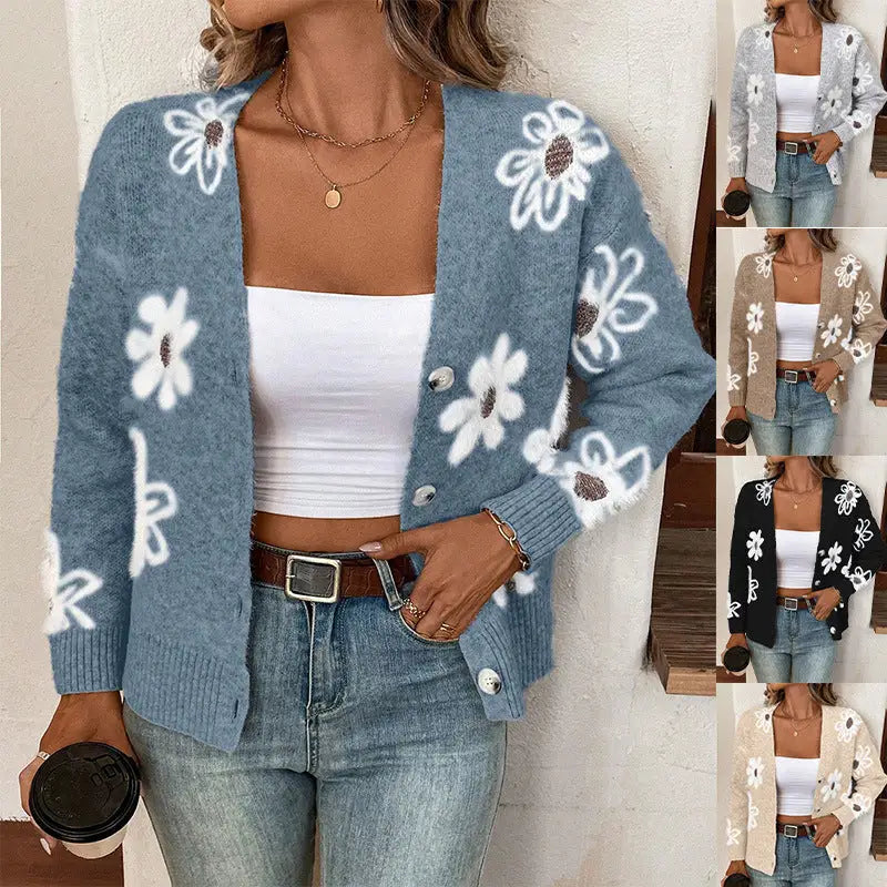 Floral-patterned cardigan.
