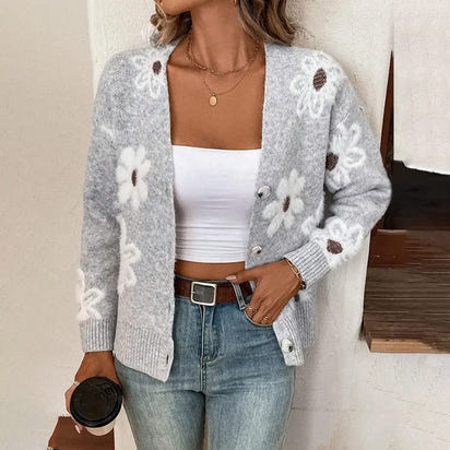 Gray floral cardigan.