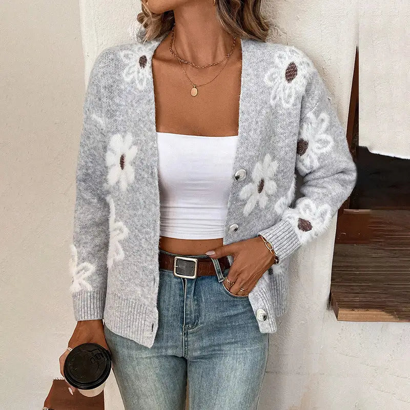 Gray floral cardigan.