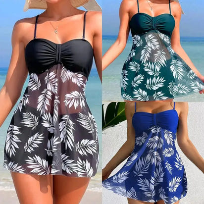 Women’s tankini swimsuit with leaf pattern.