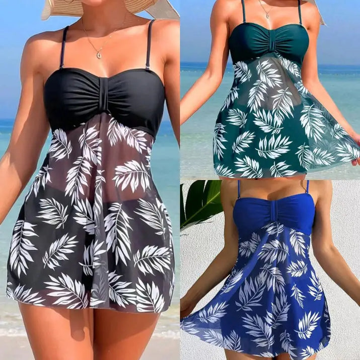 Women’s tankini swimsuit with leaf pattern.