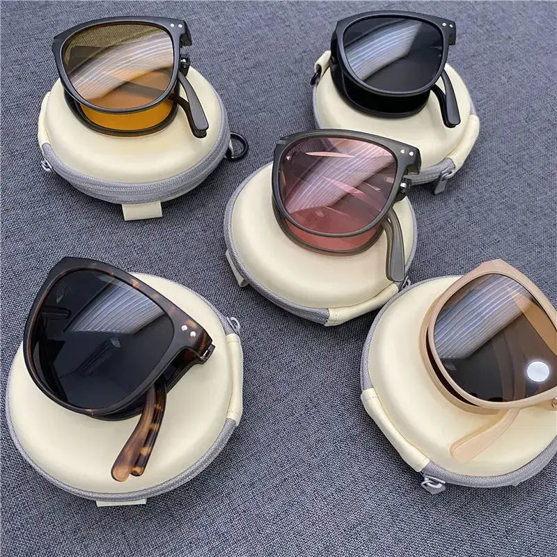 Foldable sunglasses on cases.