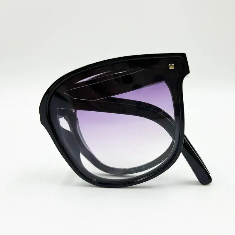 Black-framed sunglasses with purple gradient lenses.