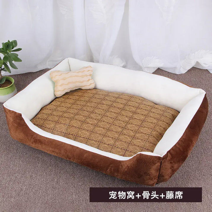 Brown and white pet bed with bone-shaped pillow.