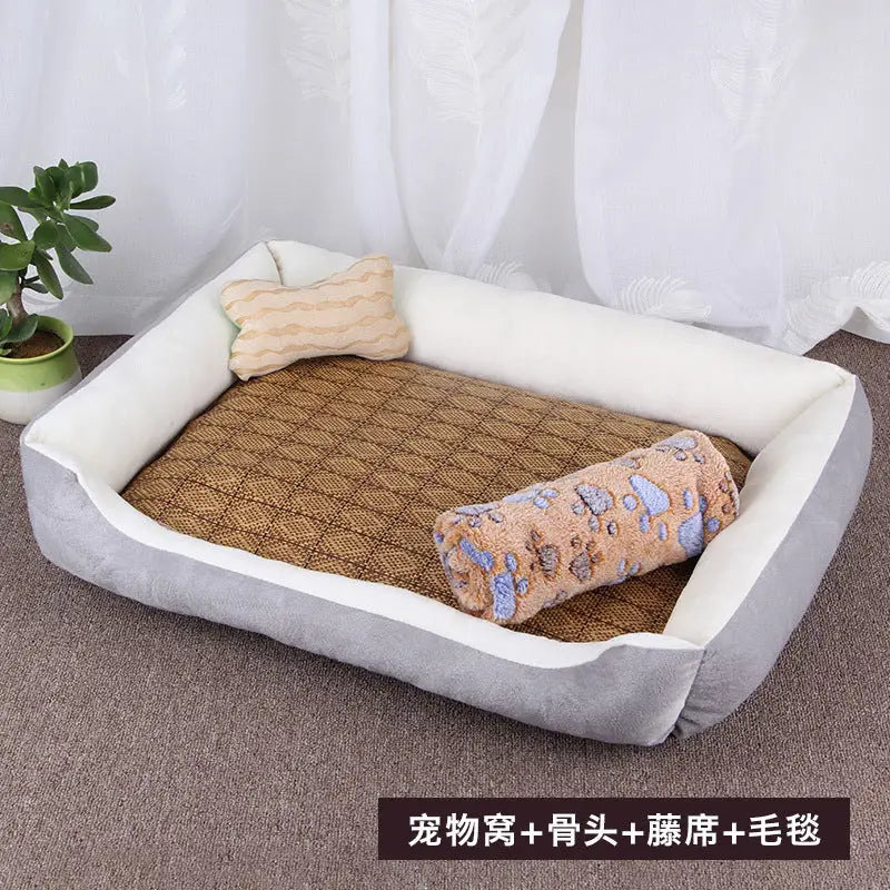 Gray and white pet bed.