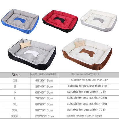 Selection of pet beds with size chart.