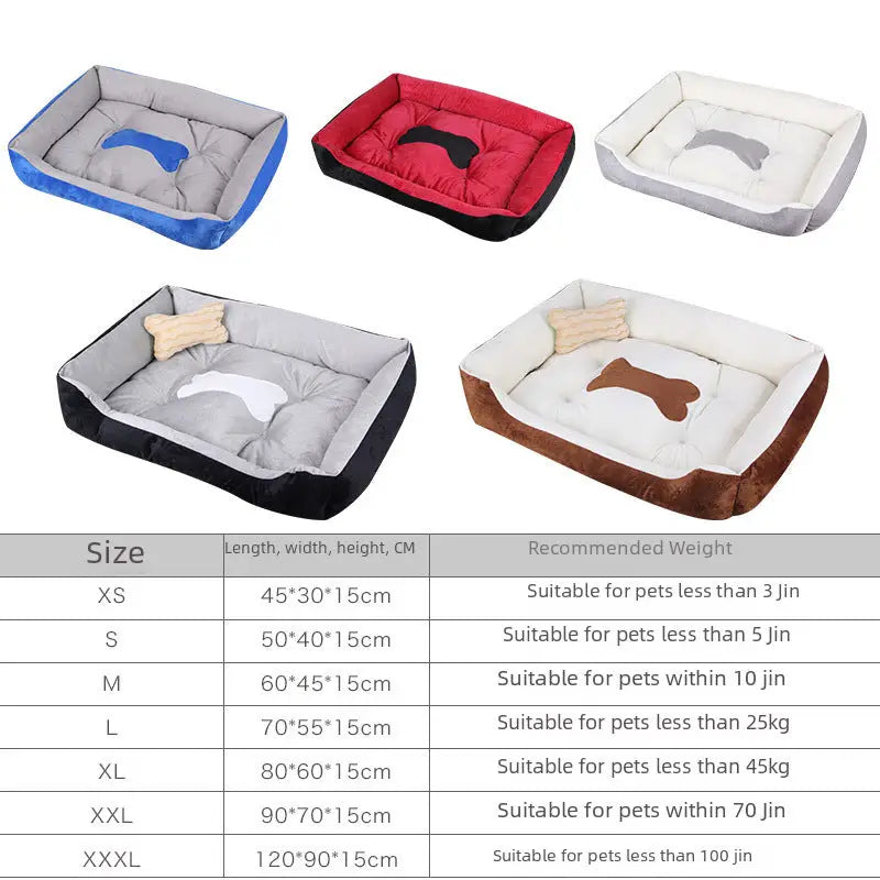Selection of pet beds with size chart.