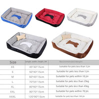 Selection of pet beds with size chart.