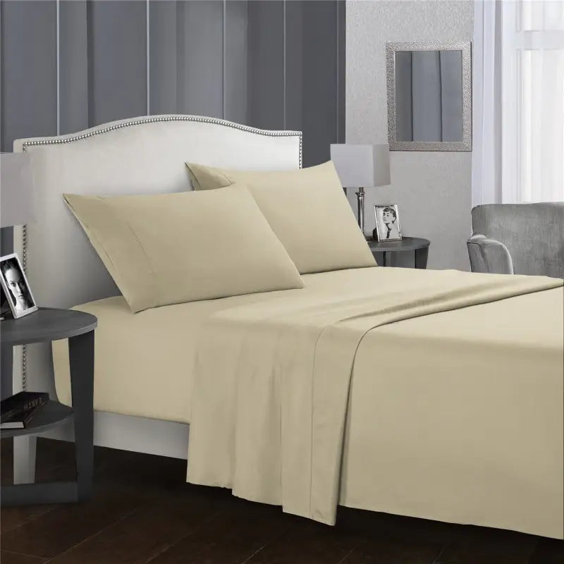 Beige bed sheet set.