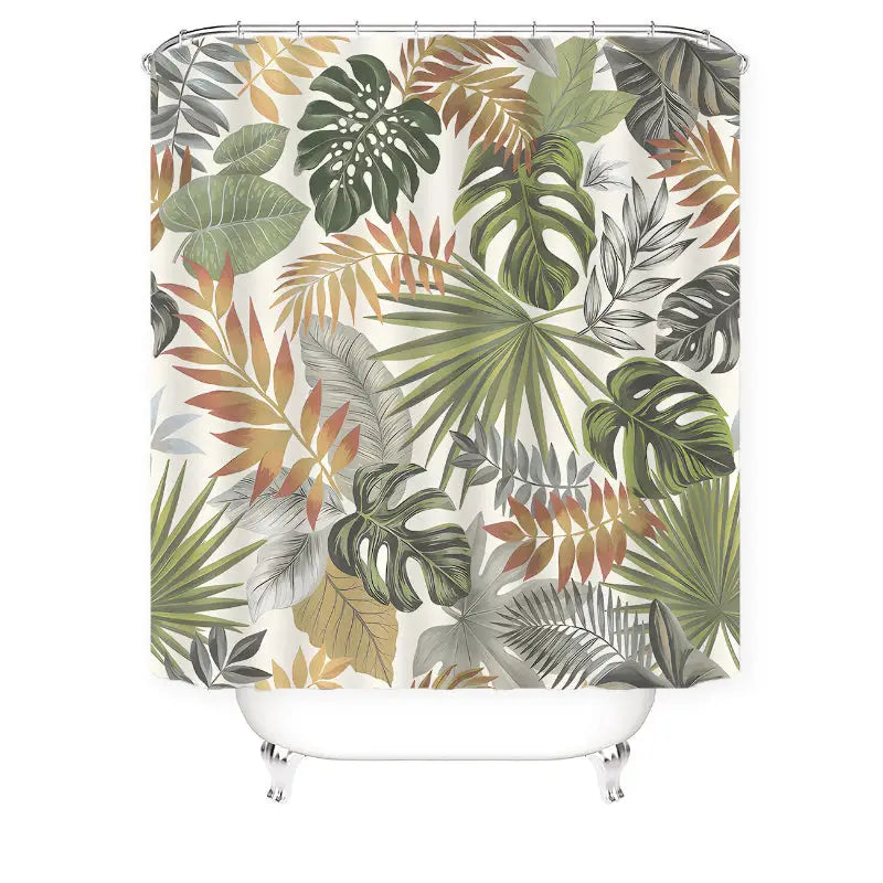 Tropical leaf patterned shower curtain.