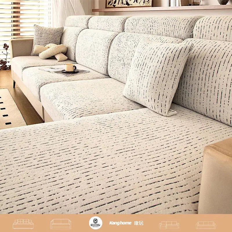 Sectional sofa with textured upholstery.