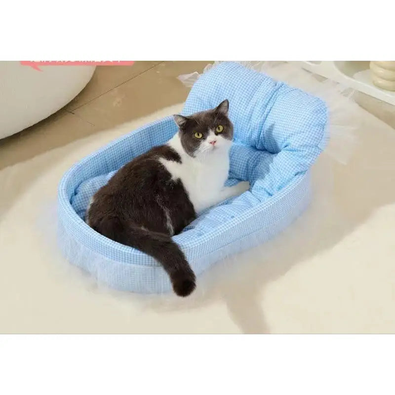 Blue, cushioned cat bed with a gray and white cat.