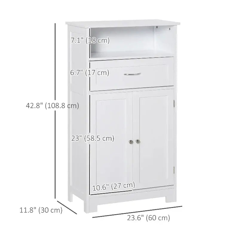 White bathroom cabinet with dimensions.