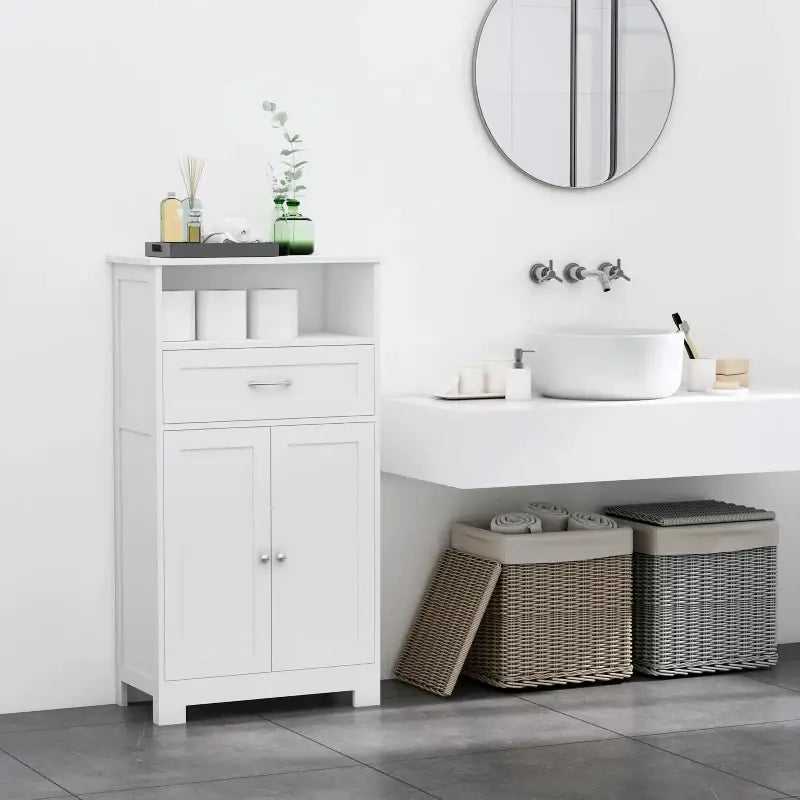 White bathroom storage cabinet.