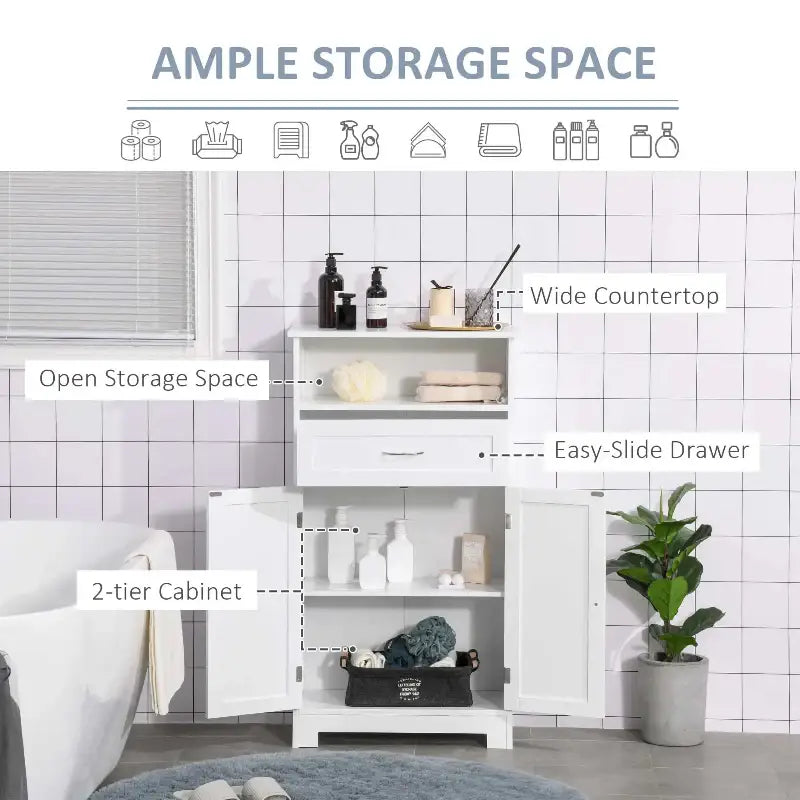 White bathroom storage cabinet.