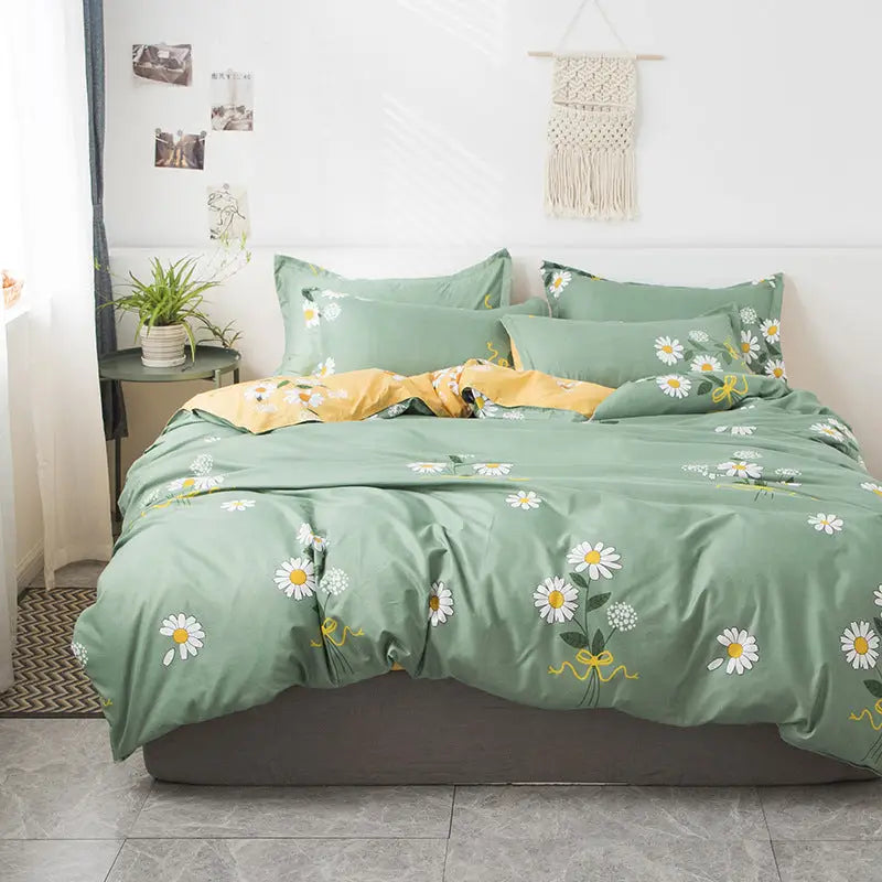 Green daisy-patterned bedding set.