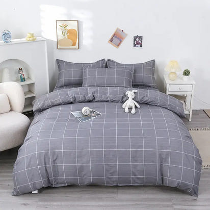 Gray and white checkered bedding set.