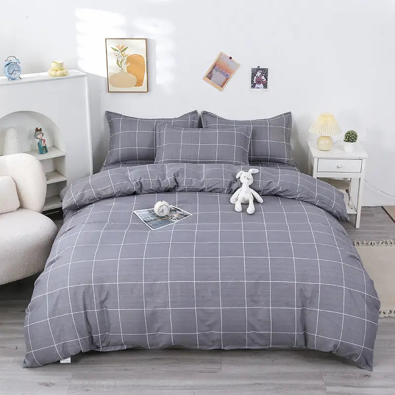Gray and white checkered bedding set.