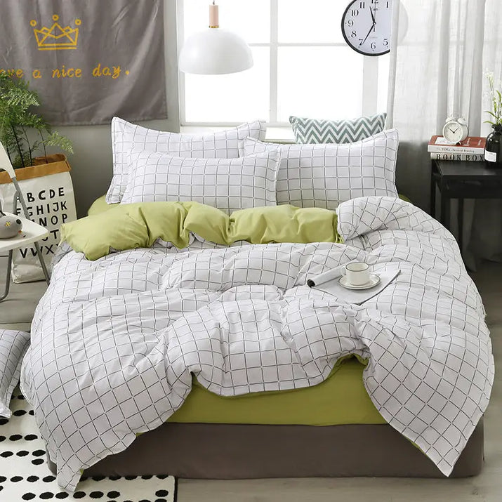 White and black grid patterned bedding.