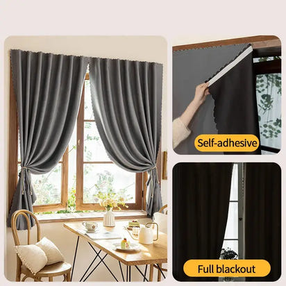 Self-adhesive, full blackout curtains.