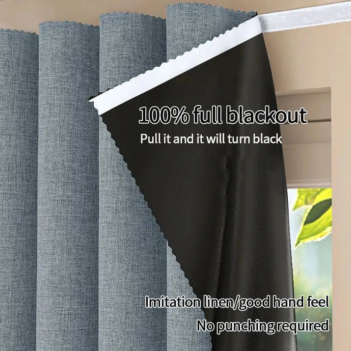 Blackout curtains with linen texture.