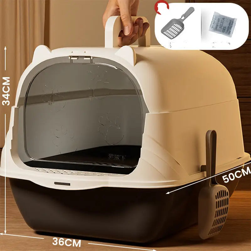 Enclosed cat litter box with dimensions.